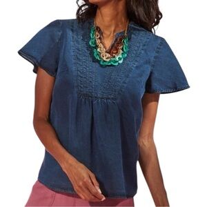 Soft Surroundings Denim Blue Pintuck Top Small Tencel Lyocell Short Sleeve Tunic